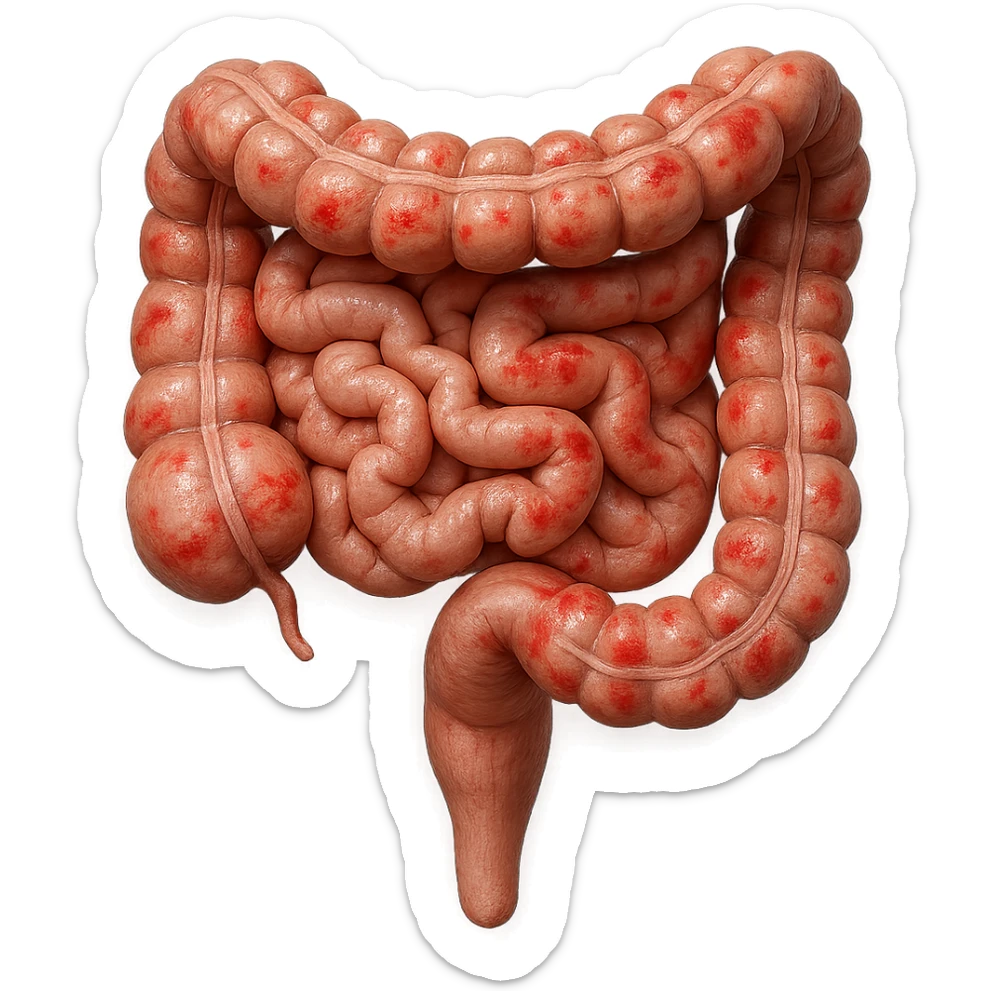 intestino umano anatomico con rossori sparsi sul colonm, iperrealistico 4k sticker