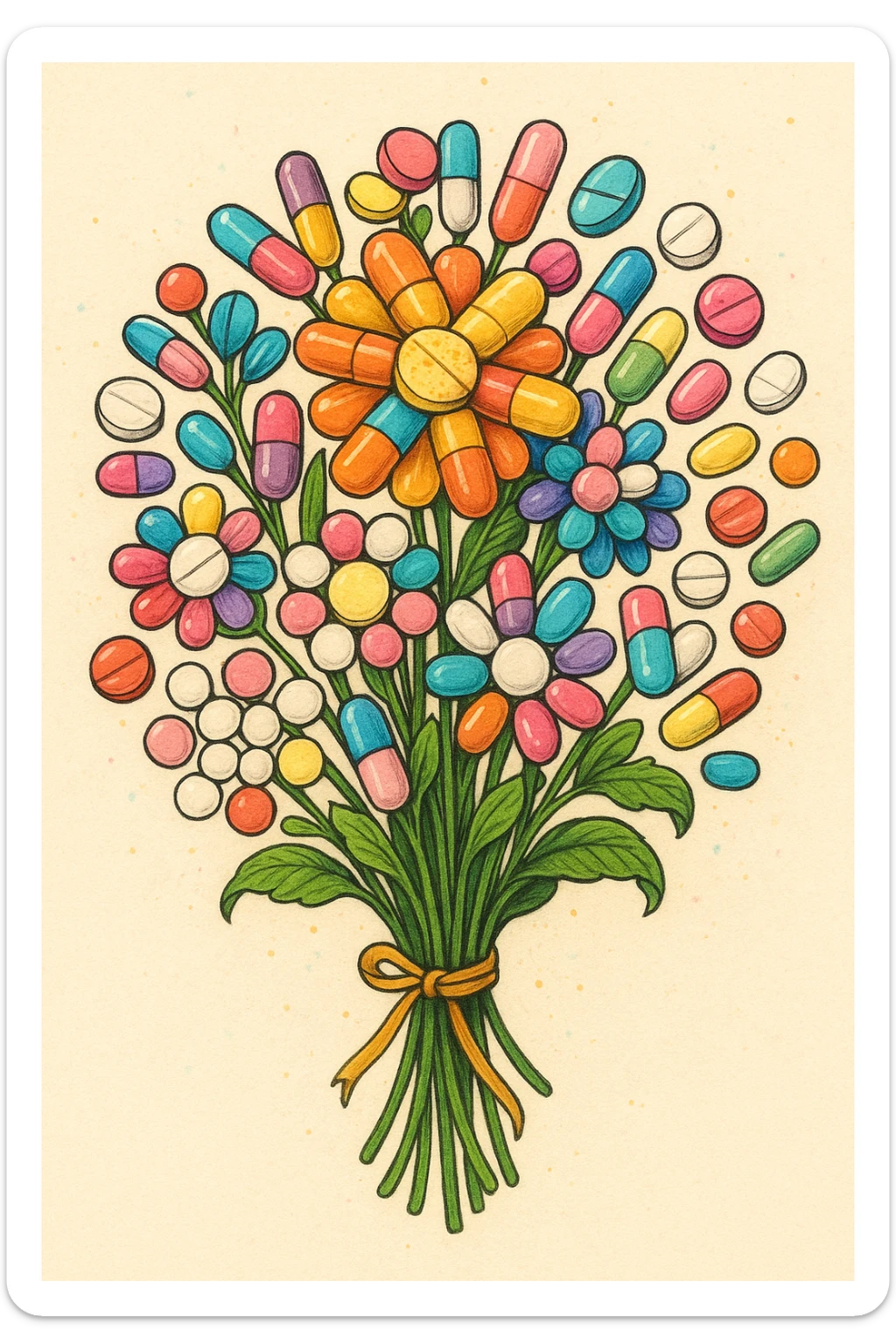 a bouquet of capsules and tablets arranged like flowers, playful and vibrant sticker