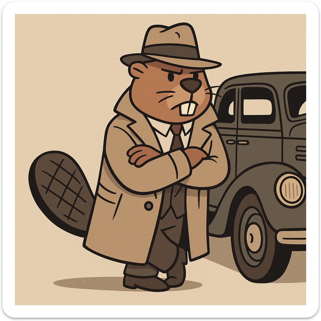 beaver in a trench coat and hat, leaning against a vintage car, gangster theme, cartoon style sticker