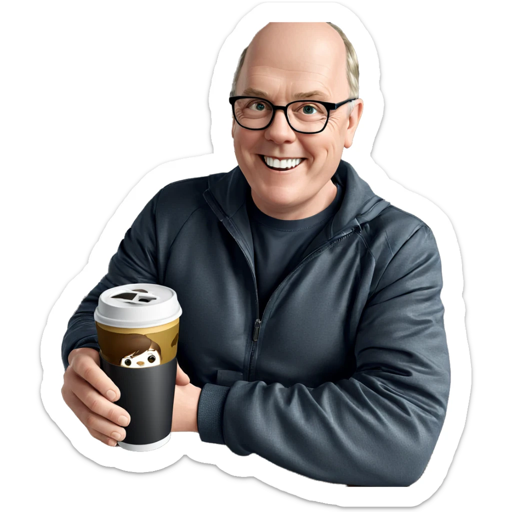 smiling boy with jacket cup sticker