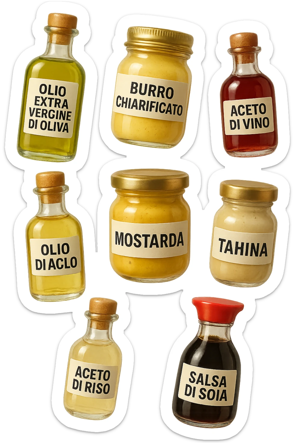 emoji stile iphone 3d di questi elementi che fluttuano in aria sparsi casualmente:

Olio extravergine d’oliva, burro chiarificato
Olio all’aglio (senza pezzetti)
Aceto di vino, aceto di riso, senape, tahin
Salsa di soia fermentata (senza aglio/cipolla)


 che fluttuano sparse casualmente in aria, le etichette dei prodotti scrivile in italiano, iperealistico 4k sticker