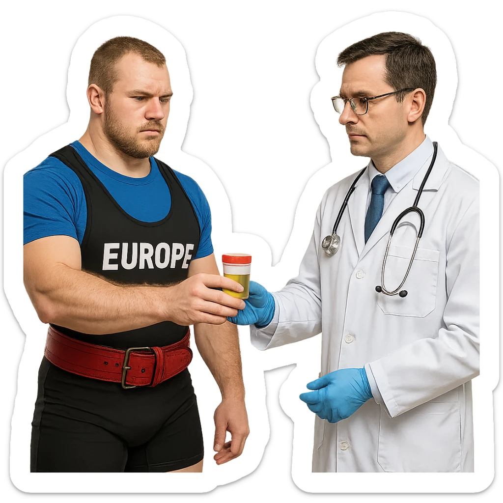 European powerlifter in competition clothing, handing over a sample for anti-doping test to a doctor, control atmosphere, realistic details, isolated on white background sticker