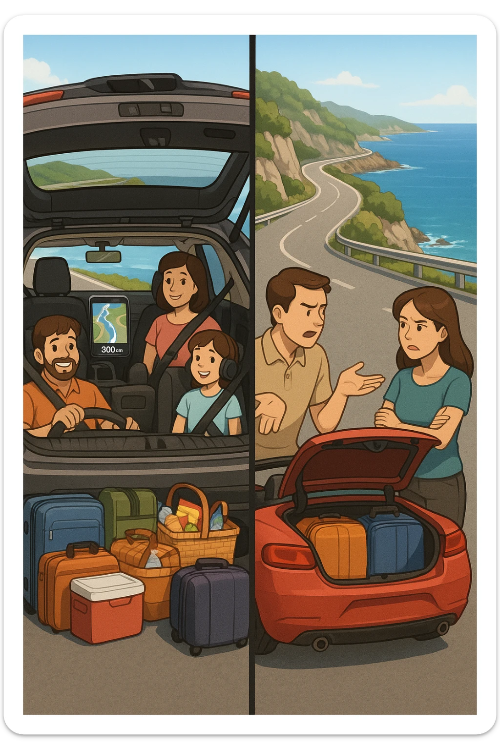 "Spacious family SUV loaded with luggage, snacks, entertainment for kids, GPS showing clear 300km route planned with rest stops, happy family ready for road trip; contrasted with impractical two-seater convertible with no storage space, couple arguing about what to leave behind, suitcases barely fitting, comfort vs style dilemma, Italian coastal highway background" sticker