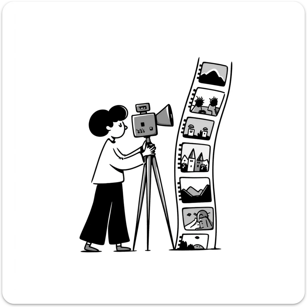 Hand-drawn film strips and an old school film camera with a photographer sticker