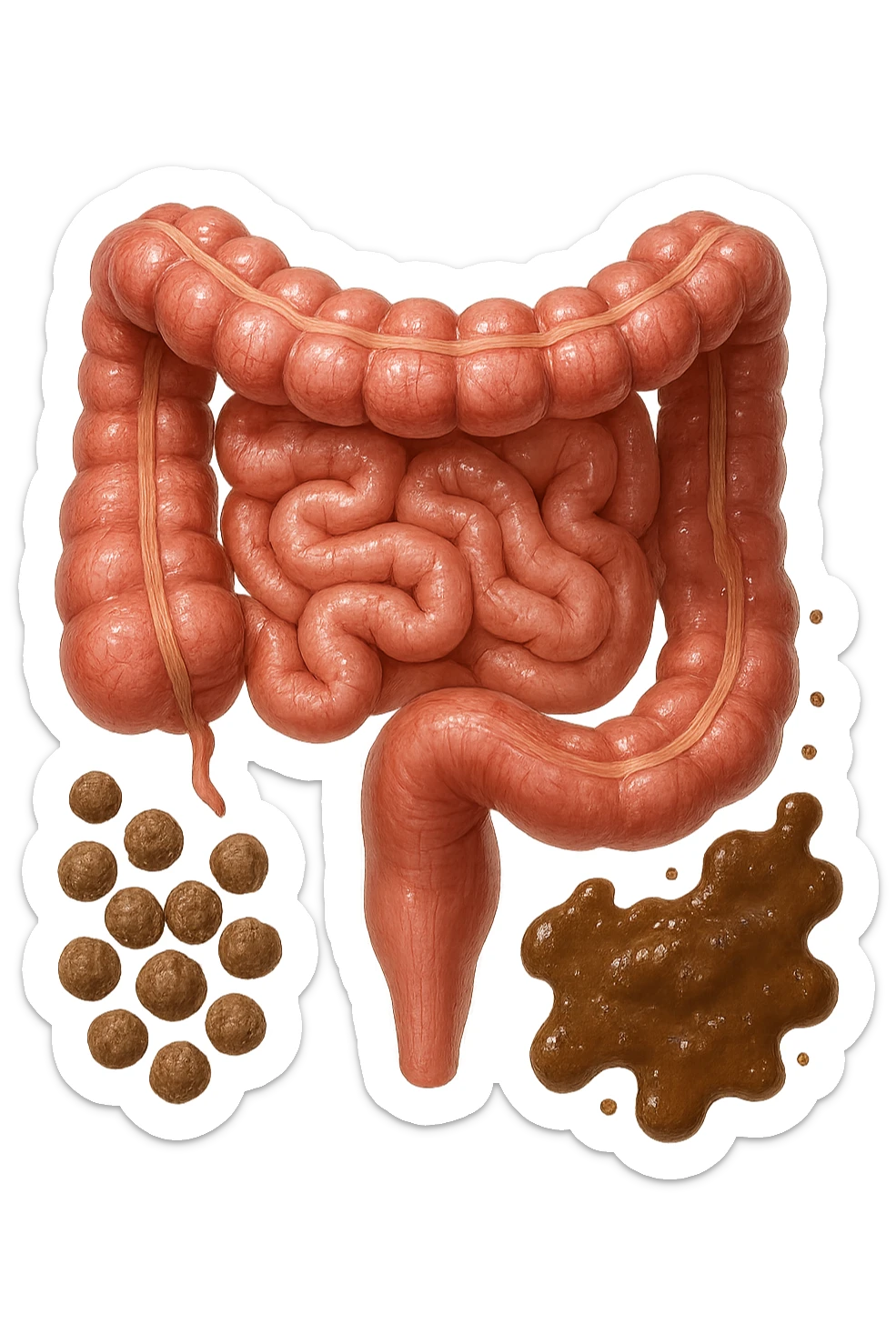 INTESTINO UMANO ANATOMICO REALISTICO CON FECI A PALLINE E FECI LIQUIDE CHE FLUTTUANO DIETRO BEN DISTINTE, IPERREALISTICO 4K sticker
