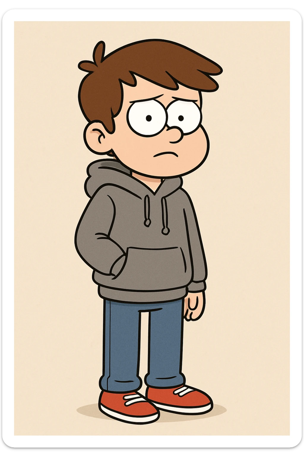 a boy brown hair grey awdis kids hoodie blue jeans red shoe  sticker