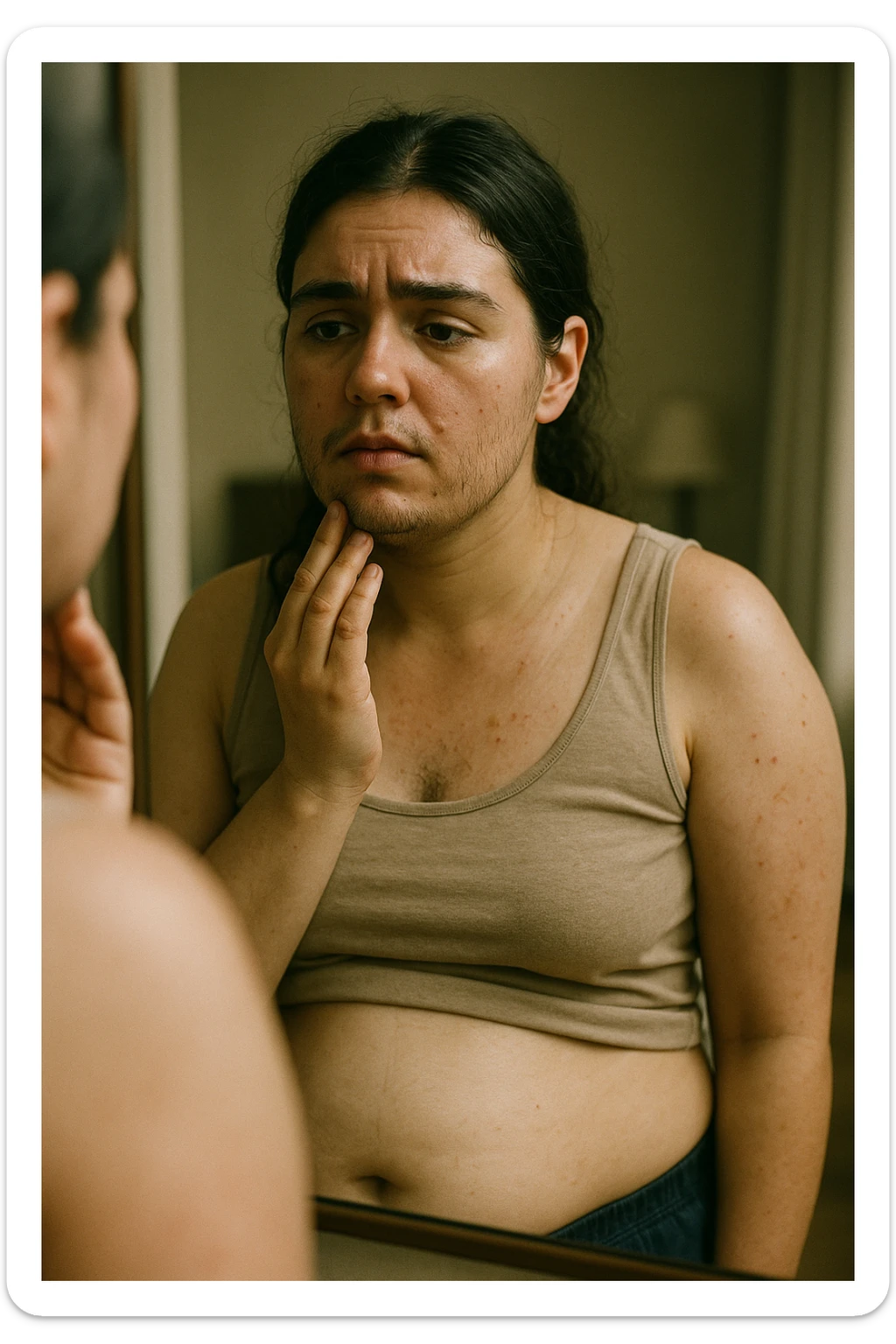 A realistic, cinematic portrait of a young woman in her late 20s standing in front of a mirror, visibly concerned while touching her chin and jawline where small dark facial hairs are noticeable, indicating hirsutism. Her skin appears oily, with a few cystic acne spots on her cheeks and jaw, and her dark hair is slightly greasy, indicating increased sebum production due to androgen excess. Her body shows mild abdominal bloating, and she looks at herself with a mix of frustration and sadness, capturing the emotional struggle linked to PCOS. The scene is set in a softly lit bedroom or bathroom with neutral daylight, with a clear mirror reflection to emphasize self-observation and discomfort. Style: realistic 35mm cinematic look, soft focus on her face and hair details, warm tones to keep it human and relatable sticker