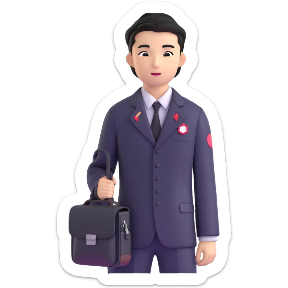 Japanese male high school student in black gakuran uniform with school bag sticker