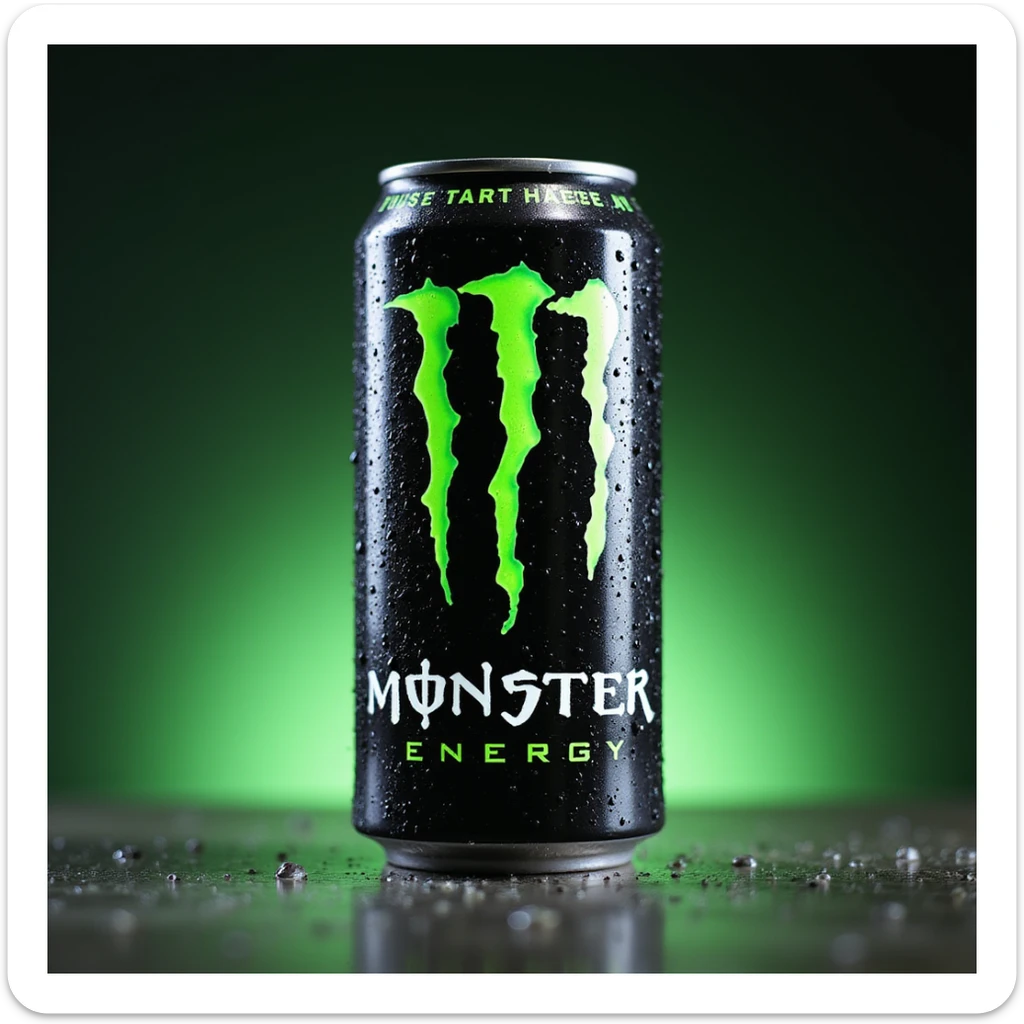 photorealistic studio lighting of cold monster energy drink can with water droplets and neon green branding, on a gradient background sticker