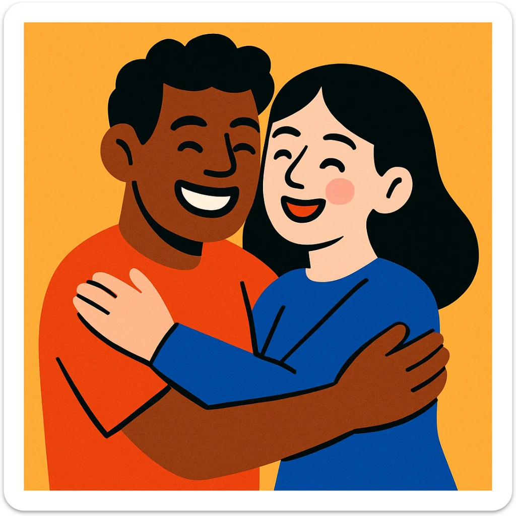 illustration of a brown-skinned man and a white-skinned woman with black hair hugging, simple background sticker