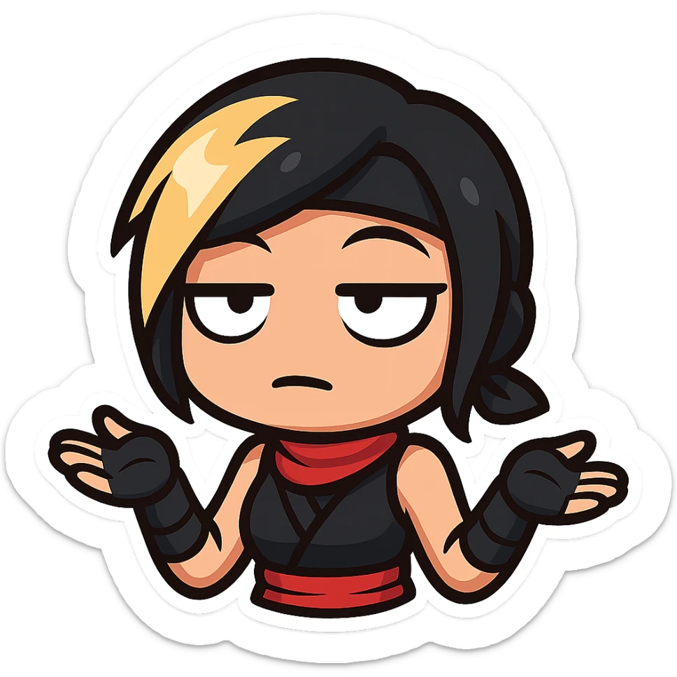 Sexy chibi ninja girl with black short hair and a blonde streak, only head and arms, colorful chibi style with bold outlines, transparent background, no mask, rolling eyes expression with eyes looking up and mouth in a flat line, sized for Twitch emoji use. sticker