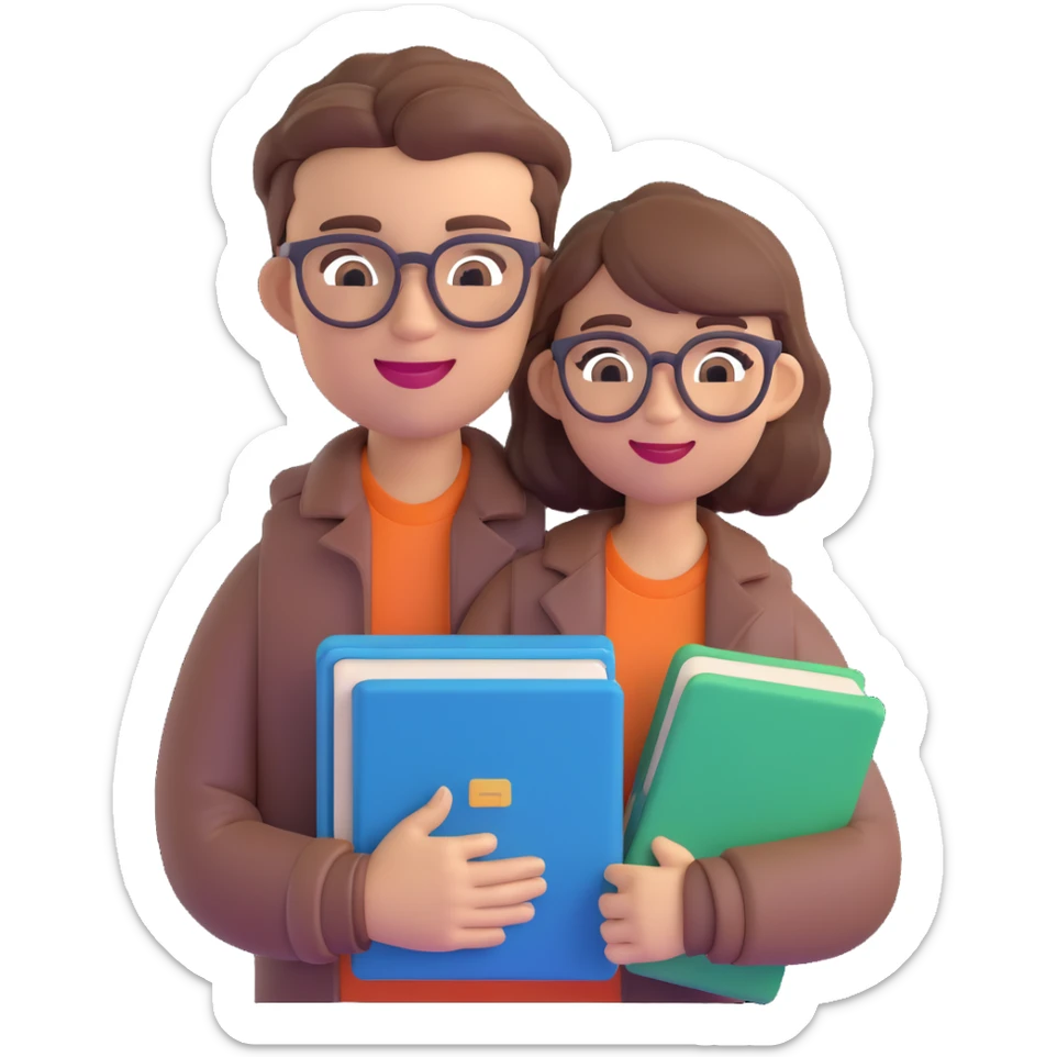 memoji of a college student, wearing glasses, holding books, cheerful, modern hairstyle sticker