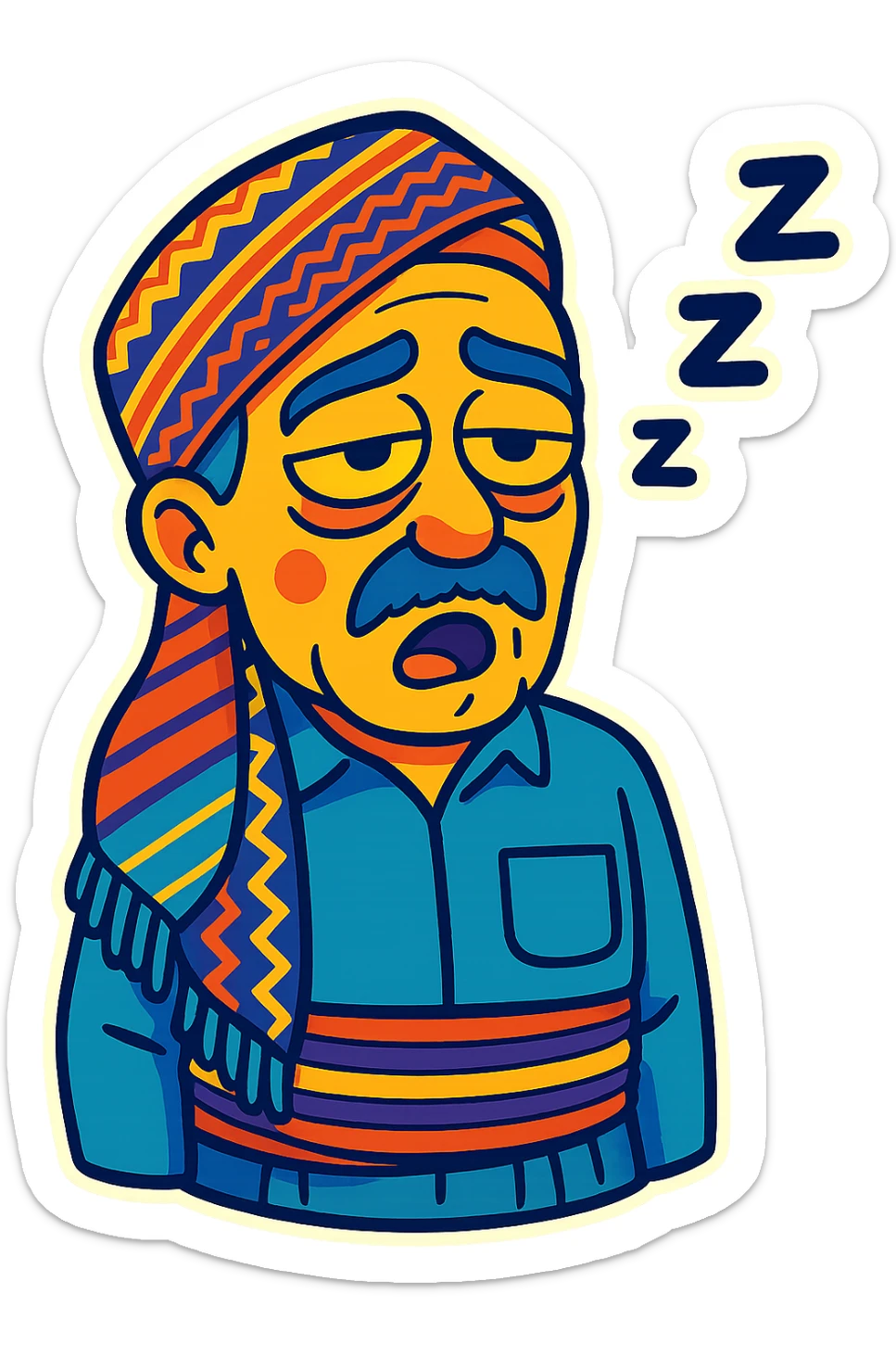 Create a cartoon sticker with a sleepy expression in the style of Flux Pro, with a transparent background. The style should reflect the vibrant and pop colors typical of Flux Pro style. sticker