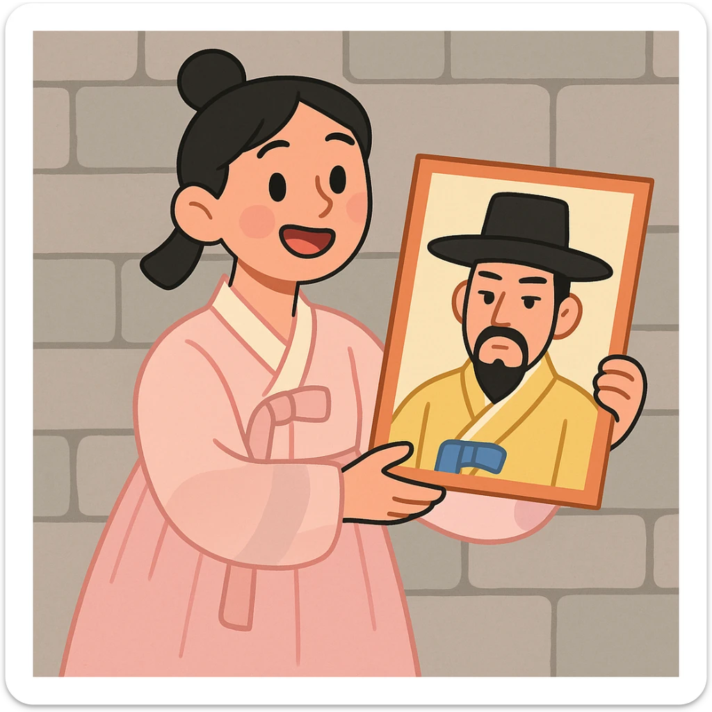 a young woman in a pale pink, sheer hanbok holding a traditional Korean portrait in front of a grey stone wall, pastel toon style sticker
