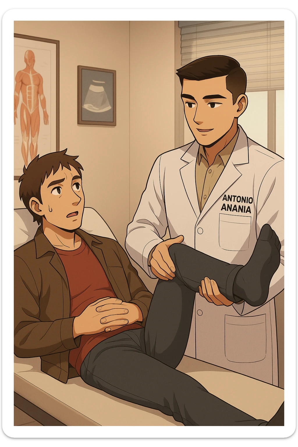 fai un webtoon manga a colori con questo stile, in cui un uomo è steso sul lettino medico e il kinesiologo con il camice bianco (fagli anche la scritta "ANTONIO ANANIA" SUL CAMICE, gli solleva una gamba per fargli il test neuromuscolare, IL KINESIOLOGO SPIEGA ALL'UOMO UNA cosa mentre gli alza la gamba. non fare i fumetti però, fai solo in modo che sembri stiano parlando sticker