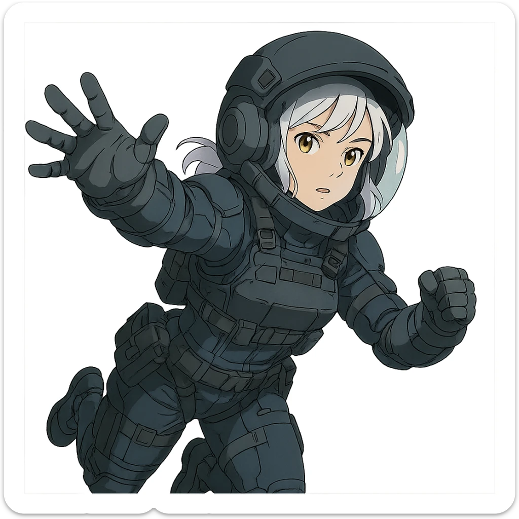 1 female, white hair lavender tips gold yellow eyes, a tactical female space warrior floating in zero-g EVA operations, reaching in front of her sticker