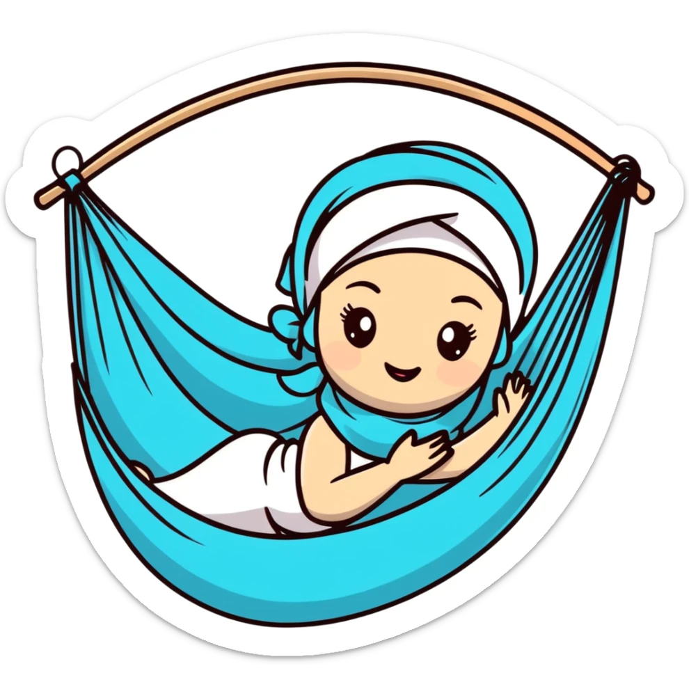 cartoon emoji of a playful girl with a headscarf, strong outline, expressive face, pastel tones, subtle Aquarius accent, hint of yoga hammock, cosmic motifs, cheeky and magical vibe sticker