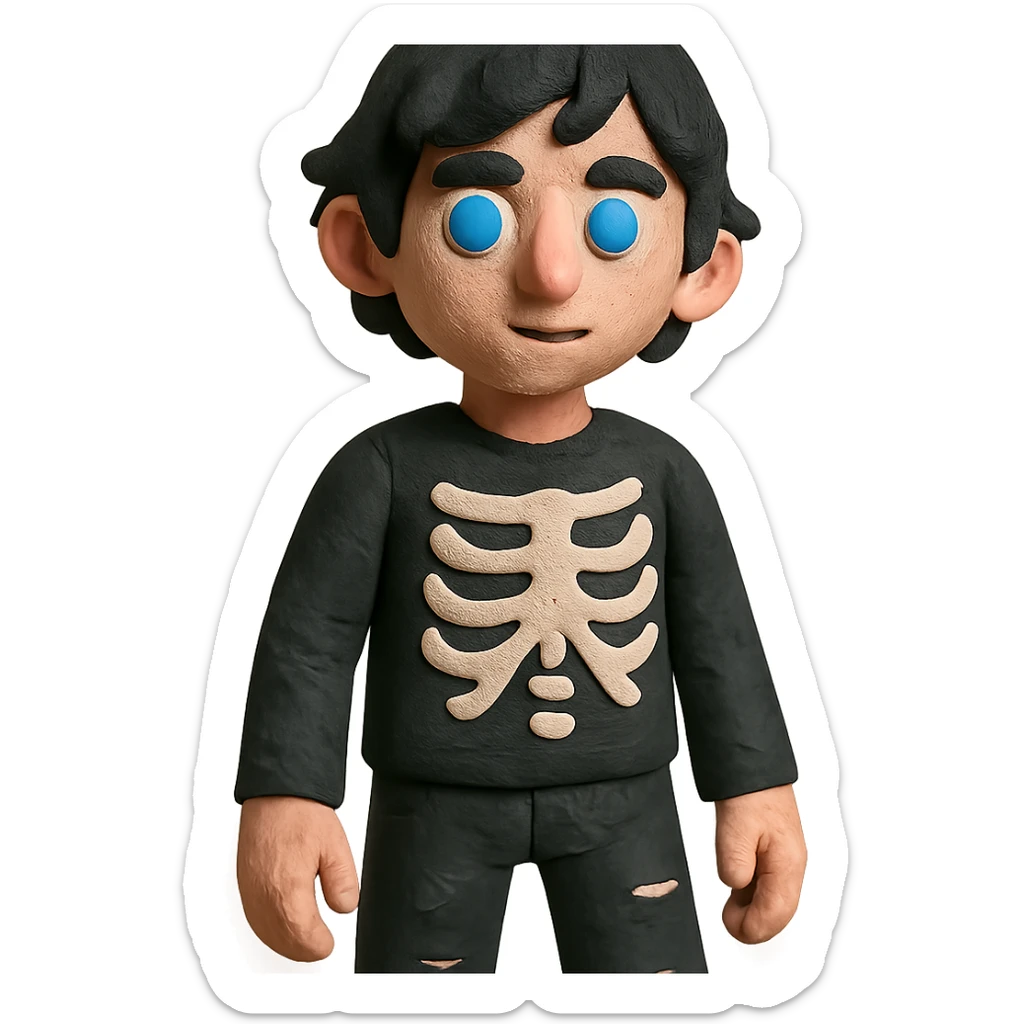 black-haired, blue-eyed person wearing a black skeleton top and ripped black jeans sticker