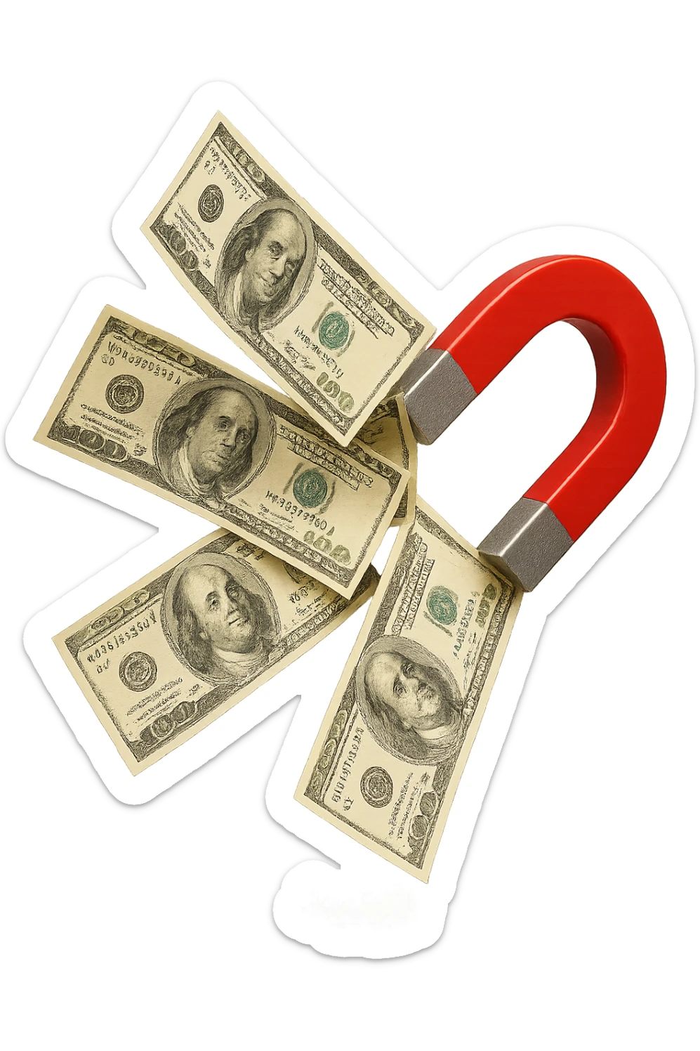 cinque banconote fluttuano in aria attratte da una calamita rossa, iperrealistica 4k, isolato su sfondo bianco sticker