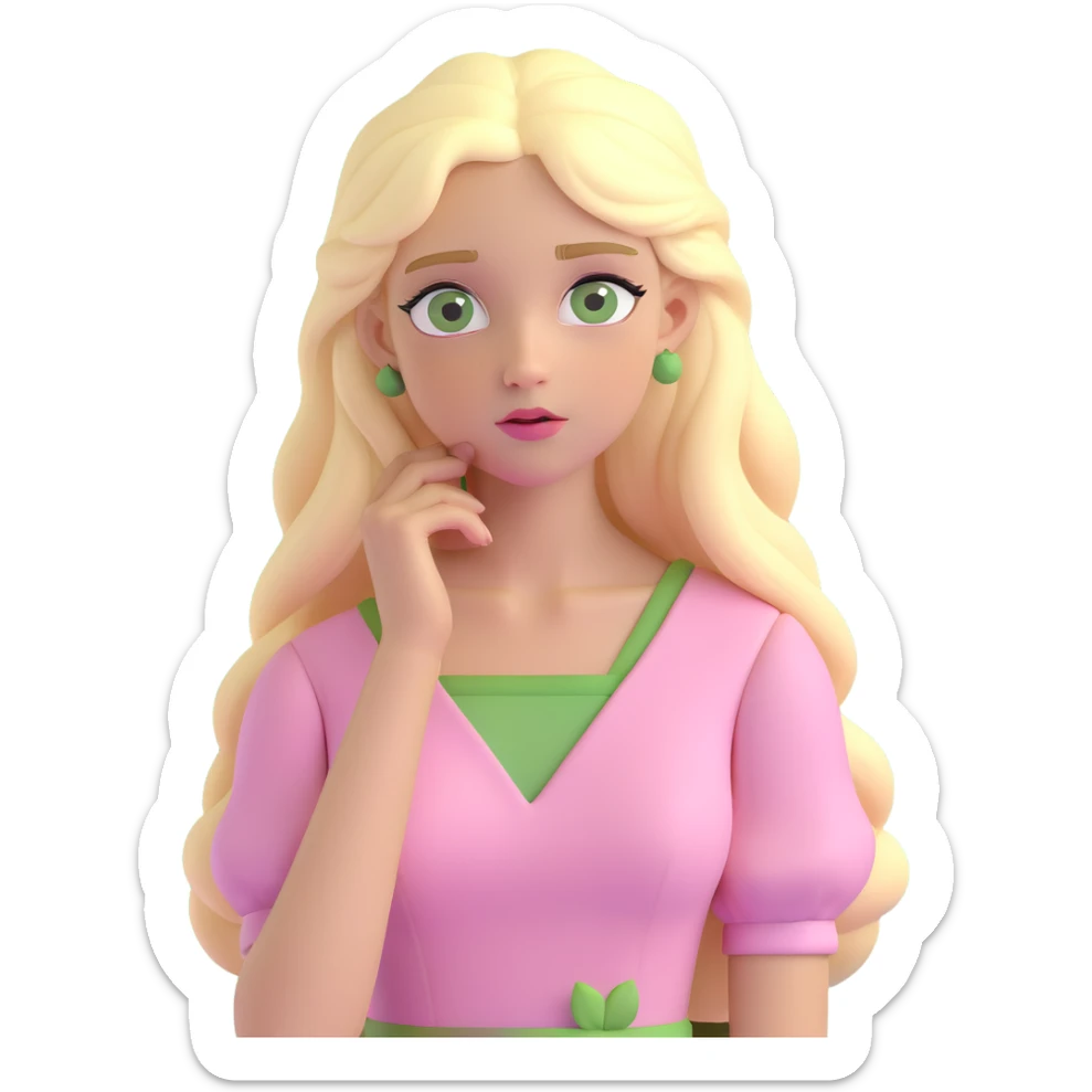 a 3d IOS realistic style emoji of a blonde with long hair and swamp eyes in a pink pastel dress thoughtful sticker