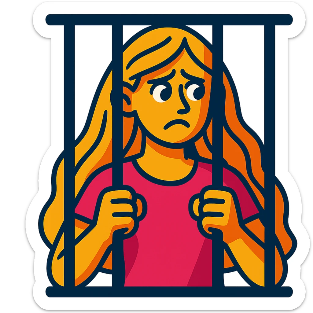 golden girl with long hair in jail, vibrant toon style sticker