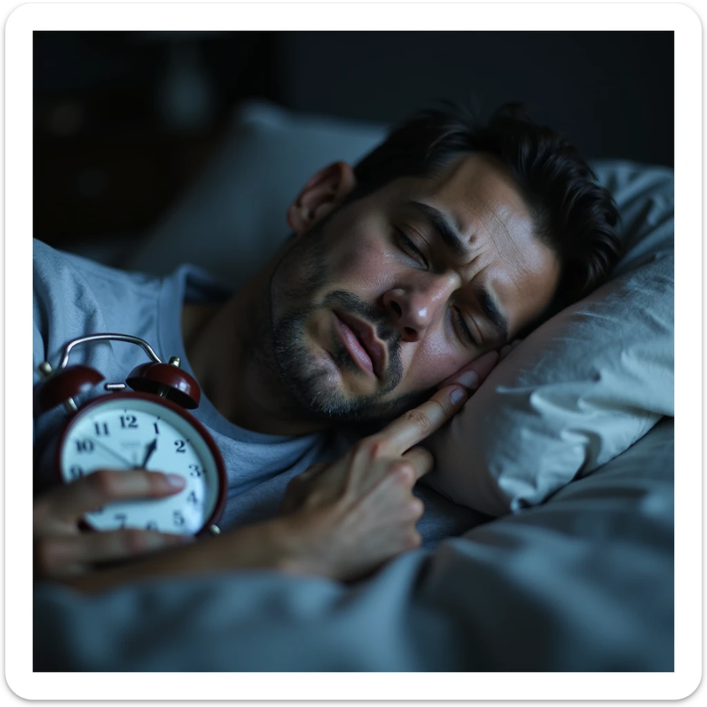 hyperrealistic 4K image of an adult man sleeping too little, tired face with marked dark circles, stressed expression, lying in bed with alarm clock showing 5:00, cold morning light, atmosphere of tiredness and stress sticker