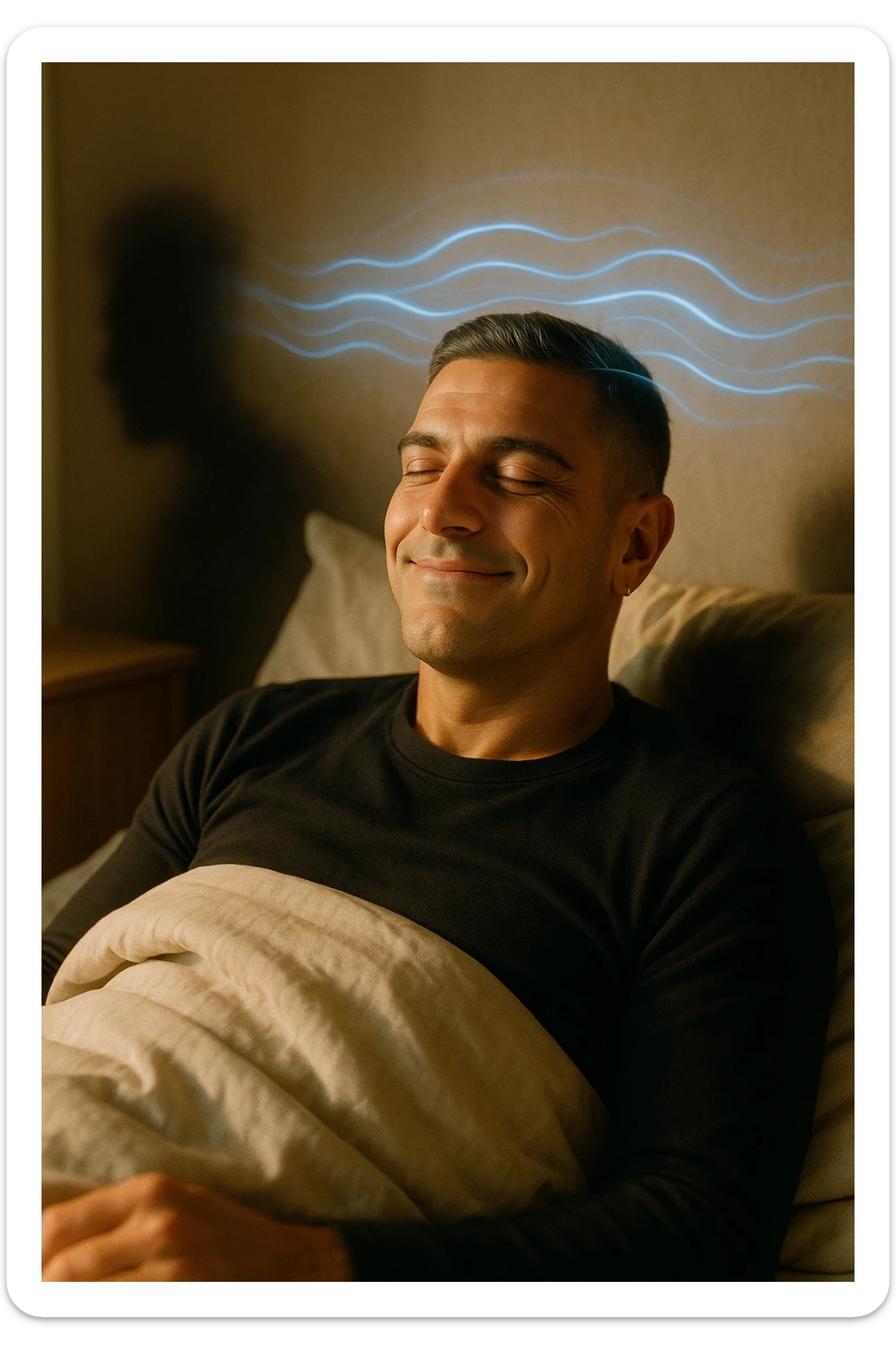 A cinematic image of a man in his mid-30s lying in bed, just waking up from deep sleep. His expression is calm and visibly transformed — a sense of inner peace, relief and subtle joy on his face. Soft morning light enters the room, casting gentle golden tones over his features. His eyes sono ancora semi chiusi, ma il viso è disteso, come se un grande peso fosse stato rilasciato durante la notte. Accanto a lui, simbolicamente sfocato, un’ombra o un alone scuro si dissolve, rappresentando il malessere notturno superato. Intorno alla sua testa, leggere onde di luce azzurra o bianca simboleggiano l’attività cerebrale rigenerativa della fase REM. La camera è ordinata, minimalista, con materiali naturali. L’atmosfera è serena, rigenerativa, intima. Shot in 35mm film style, high realism, shallow depth of field, warm highlights and clean shadows. sticker