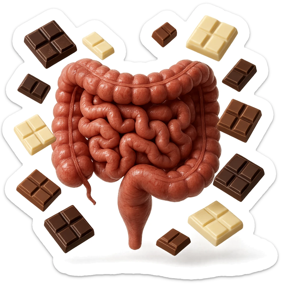 pezzetti di cioccolato fondenti, al latte e bianchi fluttuano intorno ad un intestino umano anatomico realistico, IPERREALISTICO 4K sticker