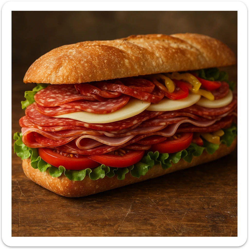 an Italian sandwich with visible layers of cured meats, provolone cheese, lettuce, tomato, and peppers, on a rustic baguette sticker