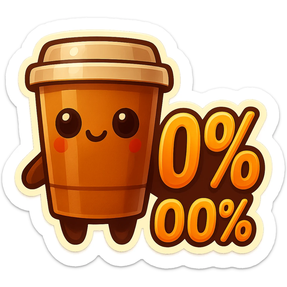 Tall coffee cup, no mouth, giant sign "100%" sticker