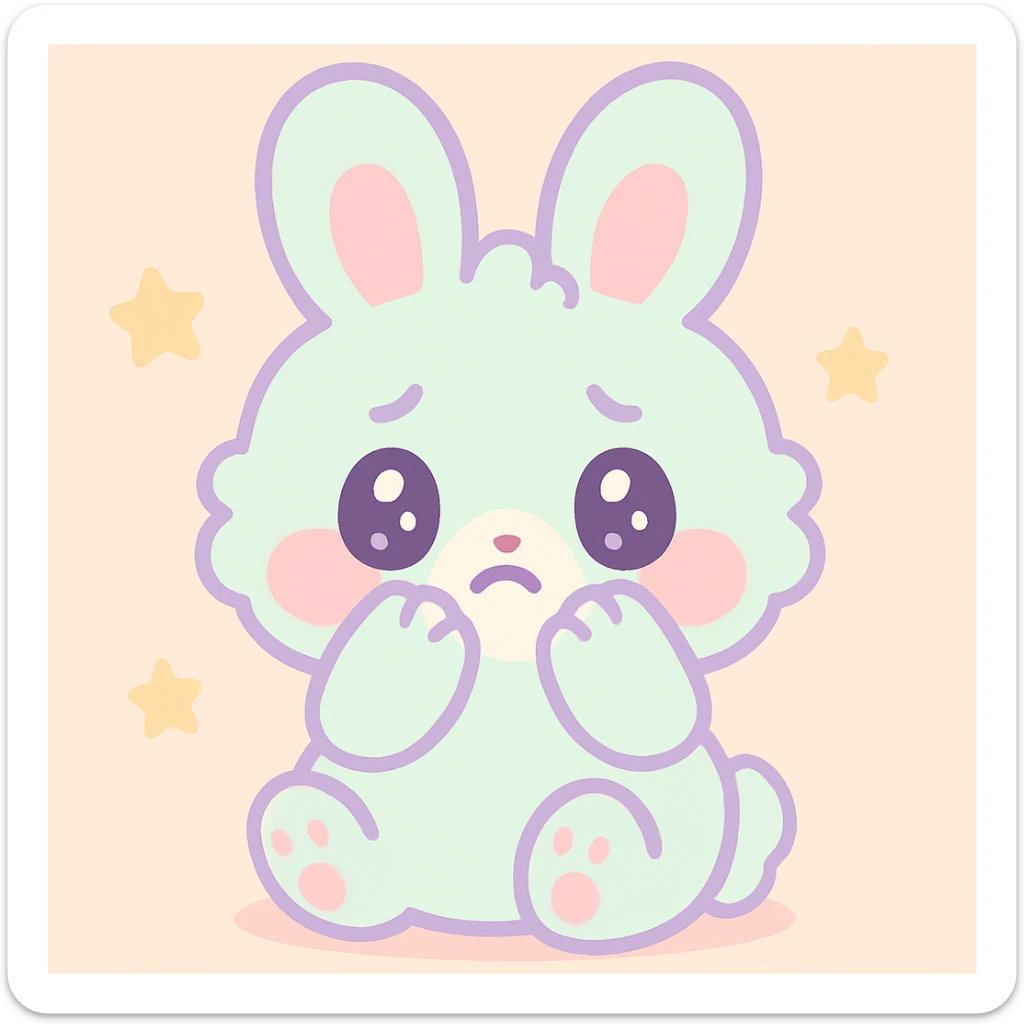 adorable frightened bunny, fluffy fur, wide eyes, small paws covering face, kawaii style sticker