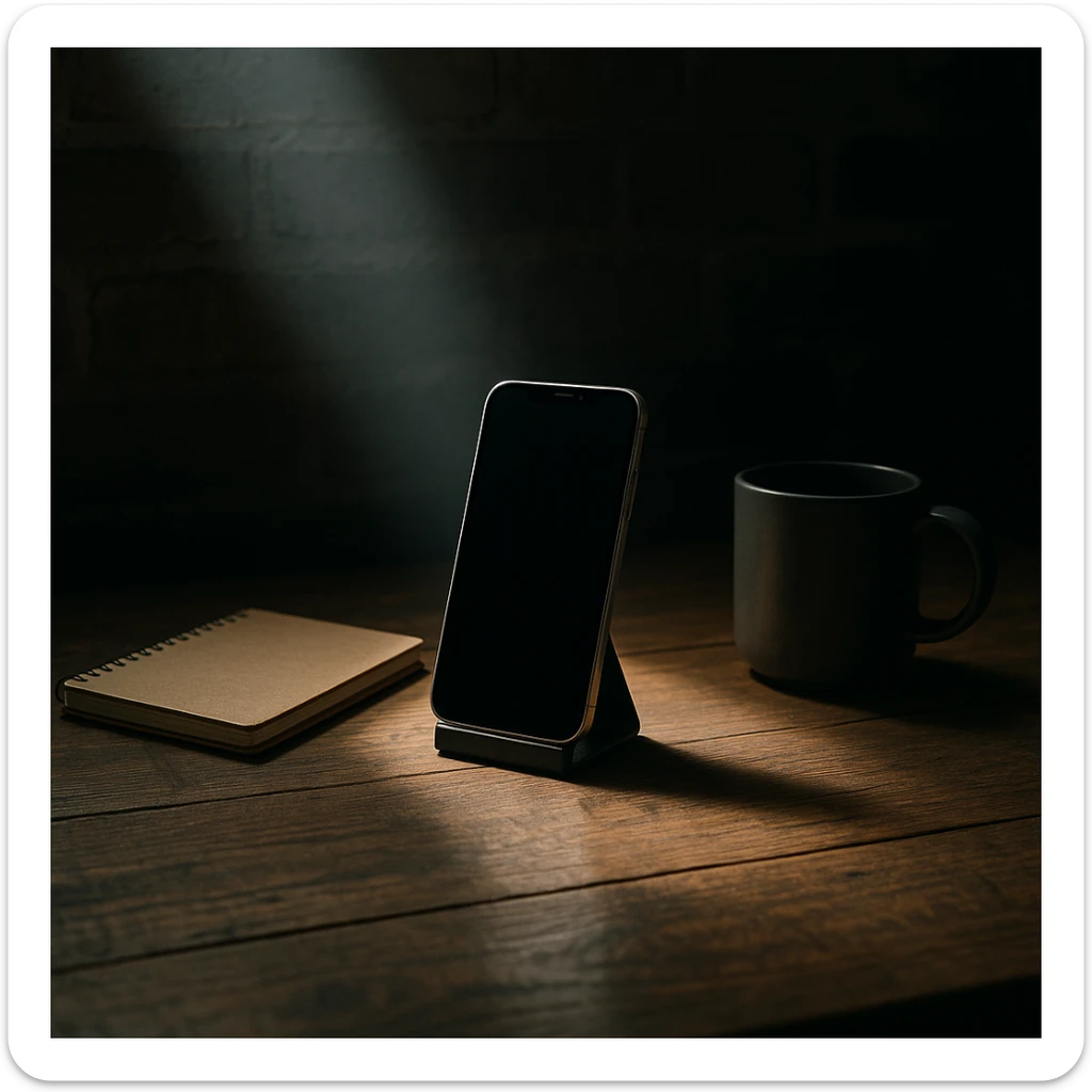 dark room in loft style, iphone lies on a wooden table on a stand, next to it lies a notebook and a cup, a beam of light shines directly on it and on the table sticker