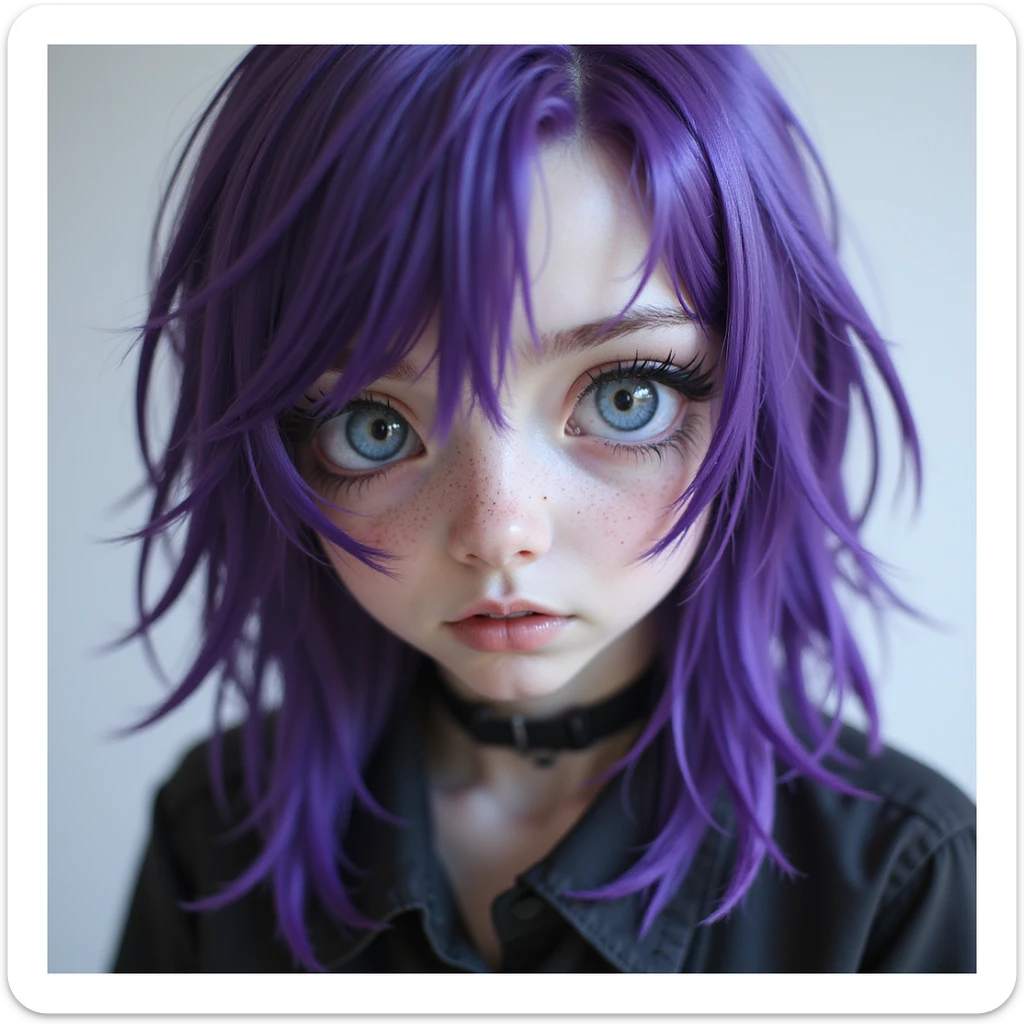 goth girl with purple asymmetrical hair, blue eyes, pale skin, semi-realistic style sticker