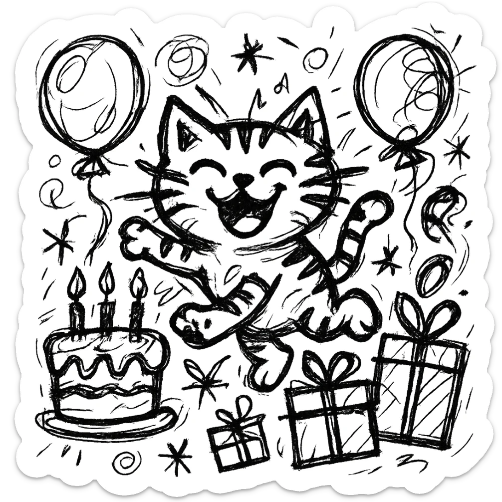 chaotic outlined icon of a happy tabby kitten jumping among balloons, birthday cake, and gift boxes, with wild, scribbled lines sticker