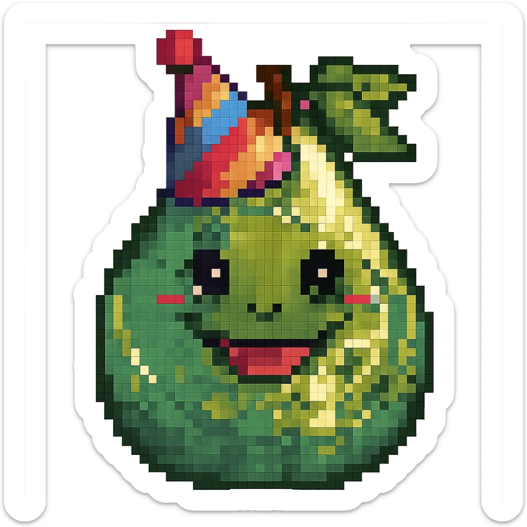 Add a colorful party hat to the happy pear with a big smile in pixel art style. Keep the pixel art aesthetic and no background. sticker