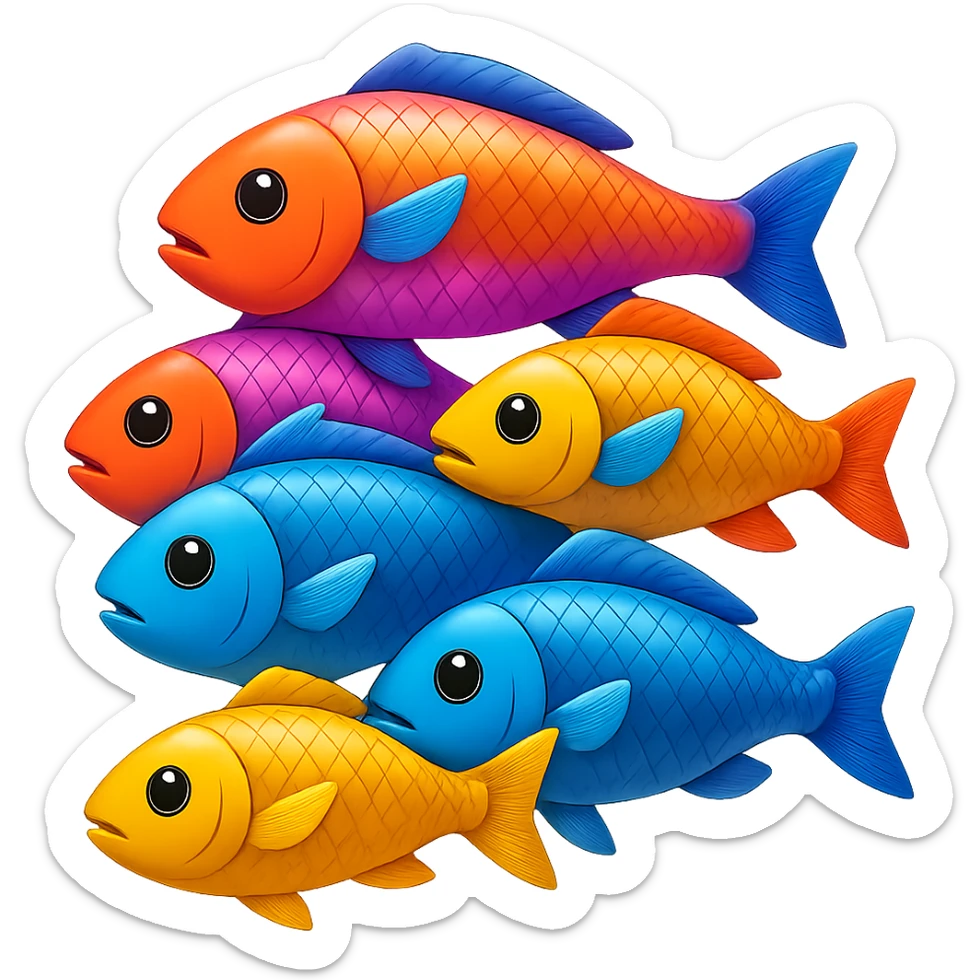 A pile of colorful fish arranged in a pyramid formation in the style of apple emojis, with no background, vibrant and crisp emoji style. sticker