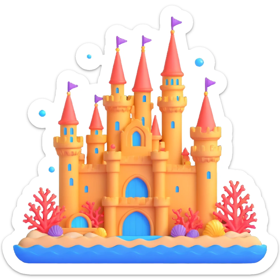 Ariel's underwater castle from The Little Mermaid, golden spires, colorful coral, seashell architecture, bubbles sticker