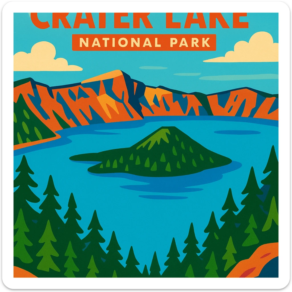 Crater Lake National Park, vibrant cartoon style, bright blue water, green pine trees, dramatic cliffs, Wizard Island in the center sticker