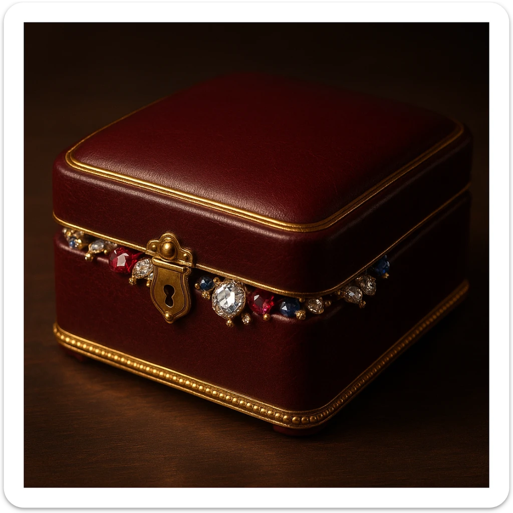 a closed dark red jewelry box with gold trim, sparkling jewels peeking out sticker