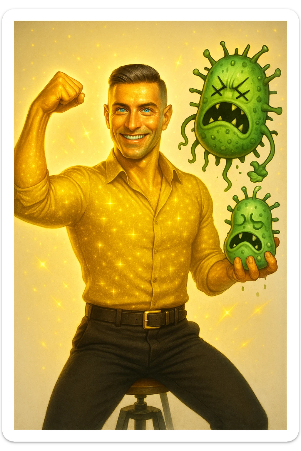 Un uomo atletico (30-40 anni) dalla pelle perfettamente liscia, senza cicatrici o imperfezioni, che emana un leggero bagliore dorato (metafora degli anticorpi).
Occhi brillanti con riflessi blu-verdi (simbolo di salute estrema).
Postura eroica, con un braccio sollevato in un gesto di forza, mentre con l'altro tiene un batterio gigante schiacciato come se fosse un mostro sconfitto. sticker