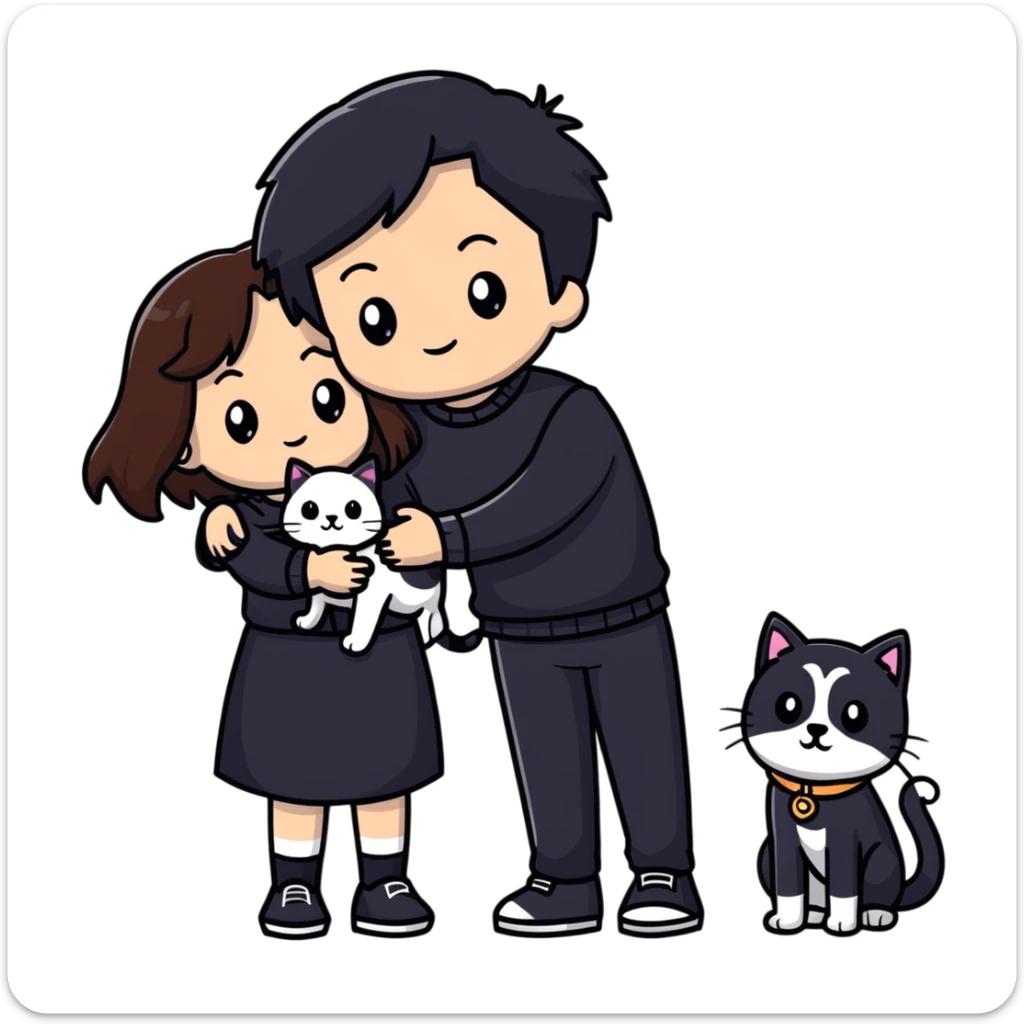A girl with long brown hair holding the hand of a boy with black hair, both dressed in black, holding a cat and dog sticker