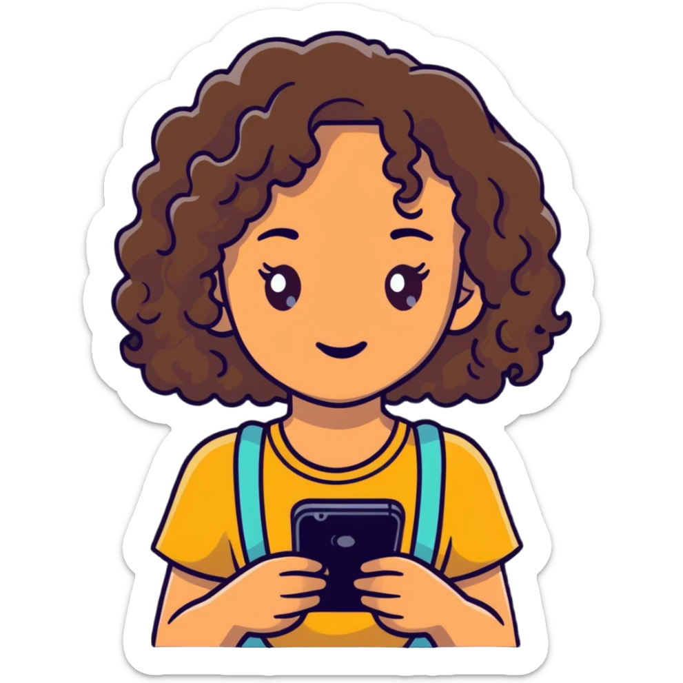 brunette girl with curly medium length hair, brown eyes, slightly tan skin, holding a phone sticker