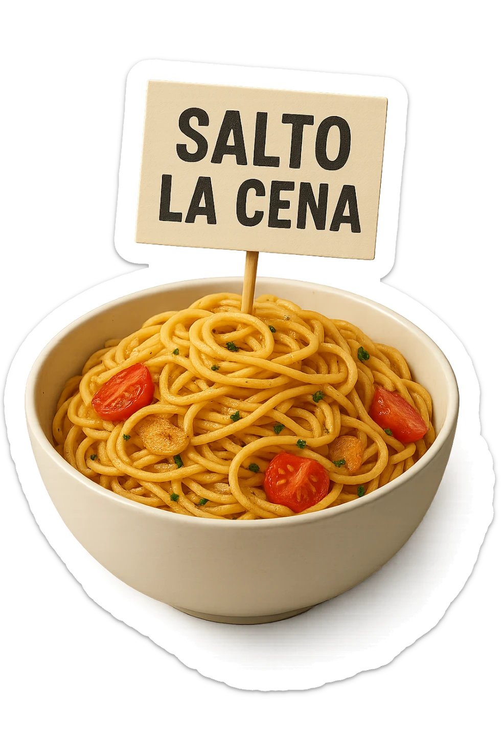 BOWL DI PASTA CON CARTELLO CON LA SCRITTA "SALTO LA CENA",  iperrealistico 4k sticker