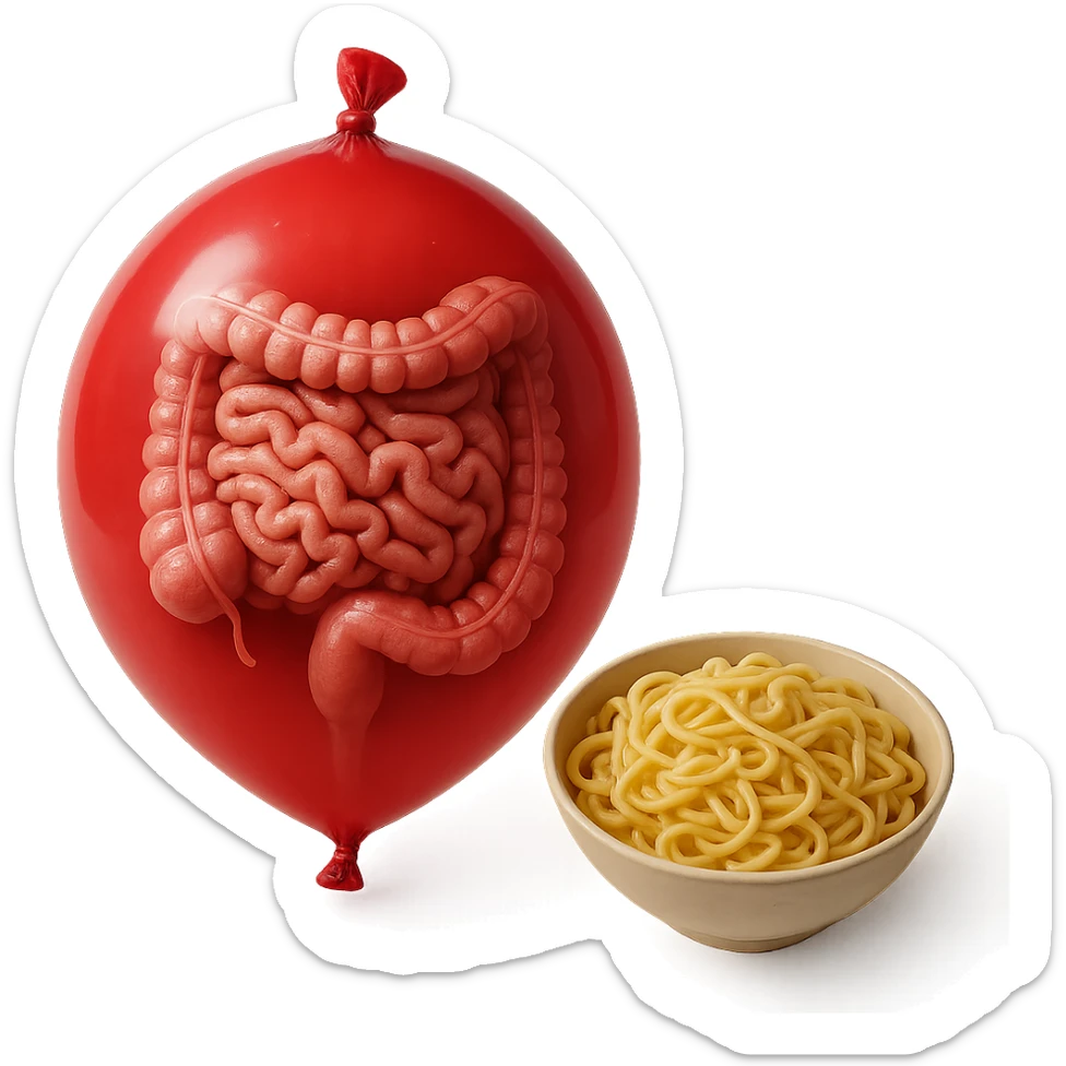 intestino umano anatomico chiuso in un palloncino rosso che simboleggia gonfiore, accanto una bowl di pasta, iperrealistico 4k sticker