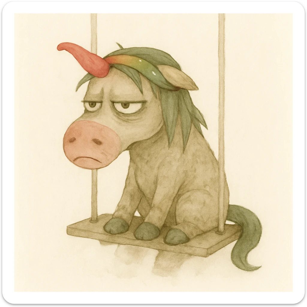 Place the unicorn on a swing in a watercolor art style. The unicorn remains dirty, crumpled, with bags under its eyes, a drooping horn, and a bright shiny headband. Maintain the watercolor art style look. sticker