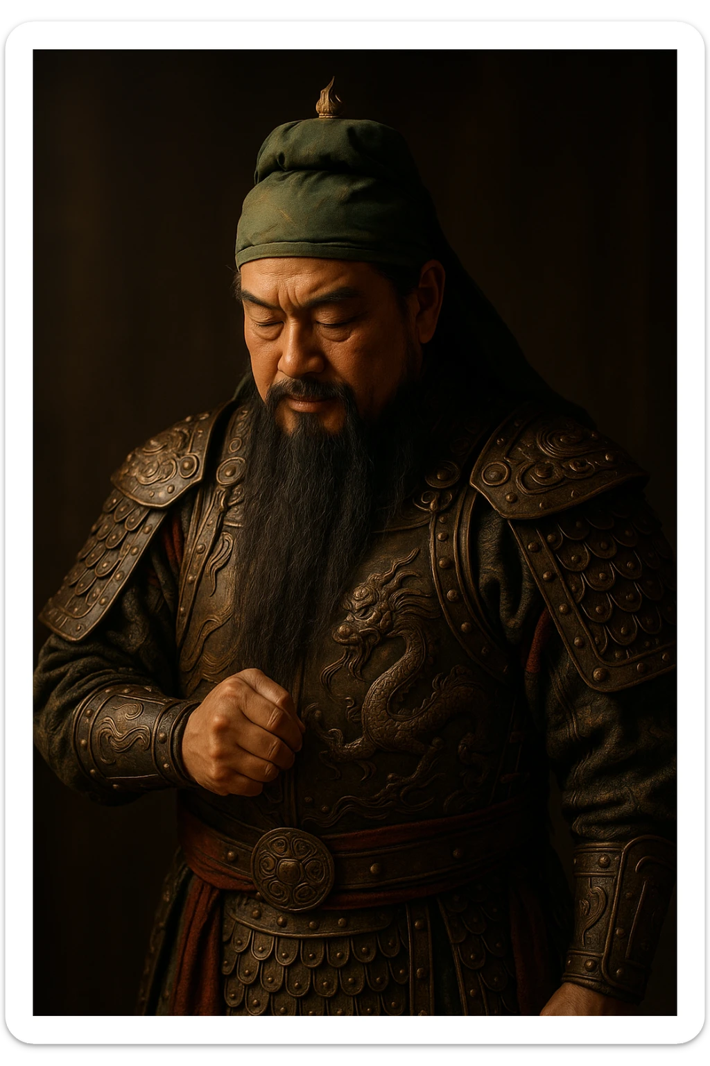 Guang Gong (Guan Yu) nodding, dignified, wearing traditional Chinese armor, long beard, respectful gesture, clear expression, detailed, cinematic lighting sticker