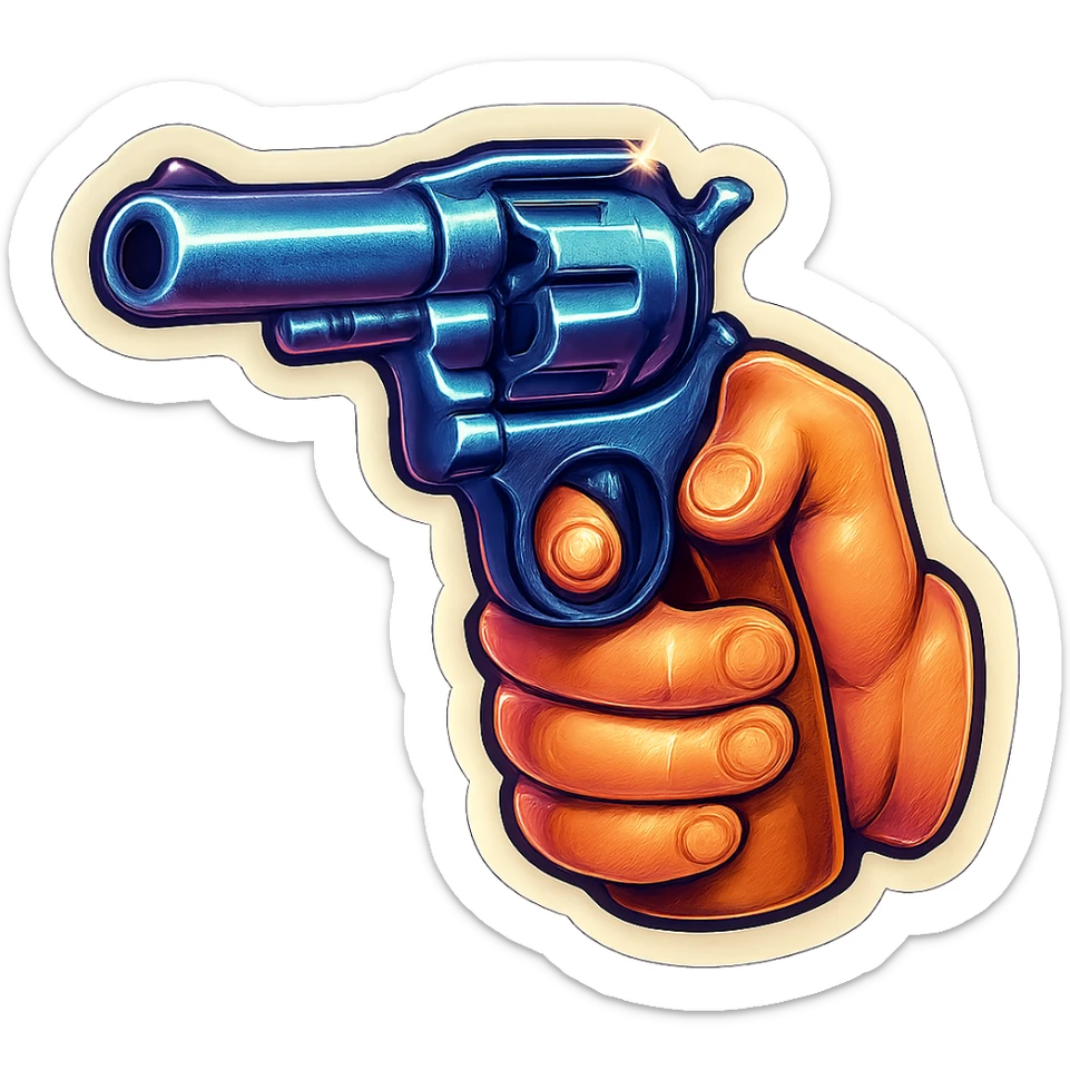 male hand holding a revolver, retro stickers style, clear black outlines, expressive shadows and highlights, no gradients, only sharp color transitions, close-up of the revolver sticker