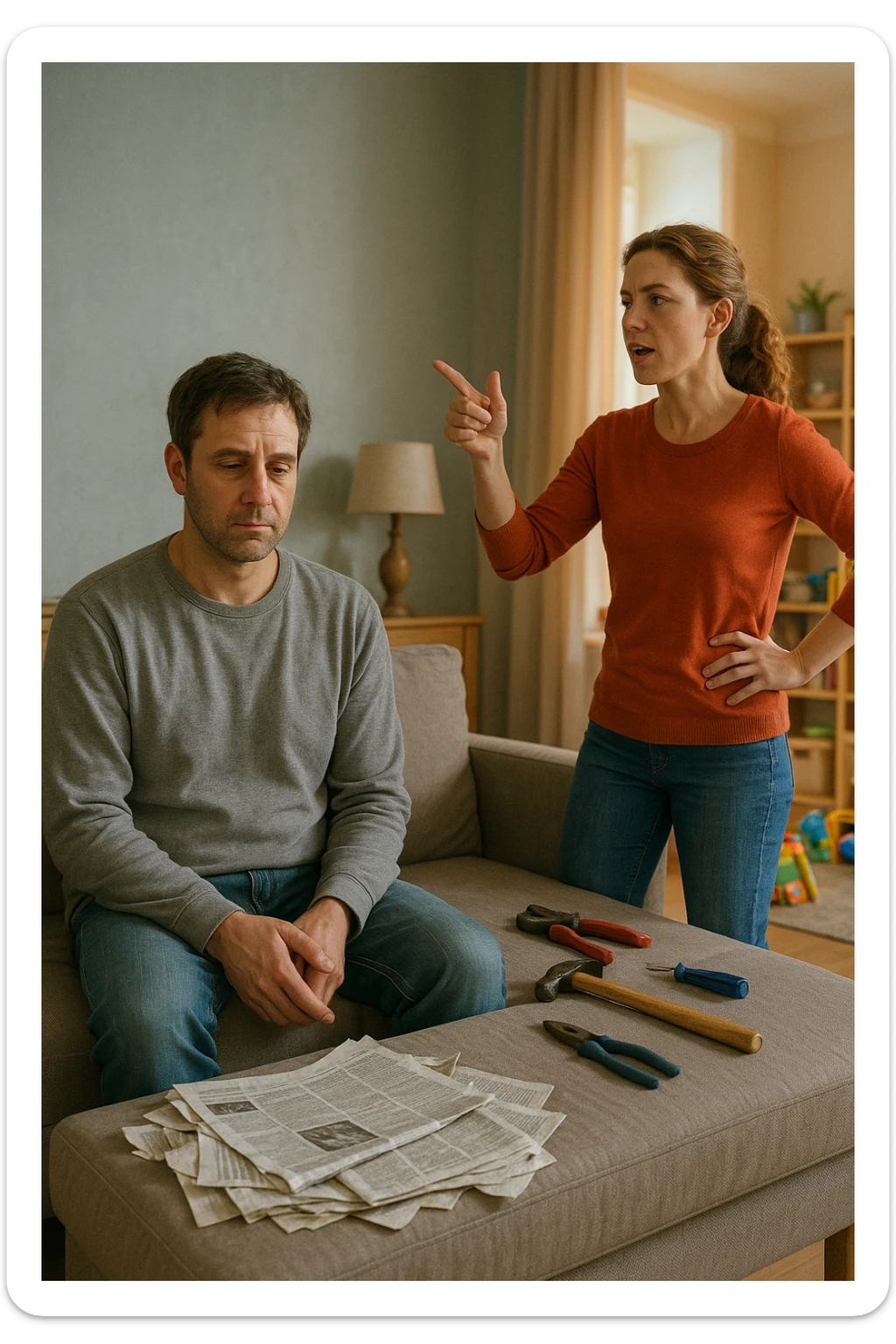Uomo tra i 35 e i 45 anni, seduto in disparte sul divano con sguardo spento e postura chiusa, mentre la moglie, in piedi, gesticola con decisione e dirige la scena familiare (dando ordini ai figli o organizzando la casa). Intorno, simboli visivi della perdita di ruolo maschile: giornali accartocciati, strumenti da lavoro inutilizzati, l’uomo con vestiti trasandati o troppo neutri. La donna appare energica, determinata, mentre lui è passivo e disconnesso. Atmosfera domestica fredda o neutra. Colori sbiaditi attorno all’uomo, più vividi attorno alla donna. Stile realistico con tono simbolico. sticker