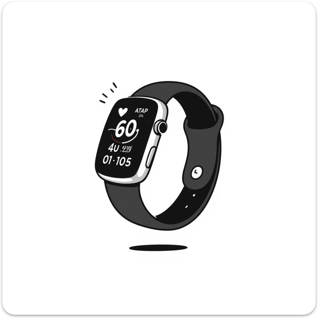 A fitness smartwatch with health tracking display in pastel colors (dd9fb0, ffc6d3, a3bfc9, c4bee2, f1b091), hand-drawn doodle style sticker