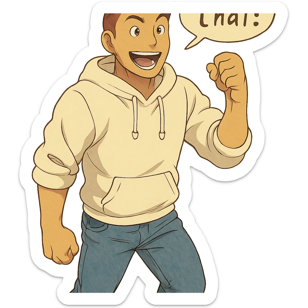 1 male, mid fade haircut dark chestnut brown hair, lighter tan skin, white athletic hoodie sleeves up, faded fashion jeans, red fashion-sneakers shoes, pose from my hero academia:  A portrait showing him saying : "I love that!" sticker